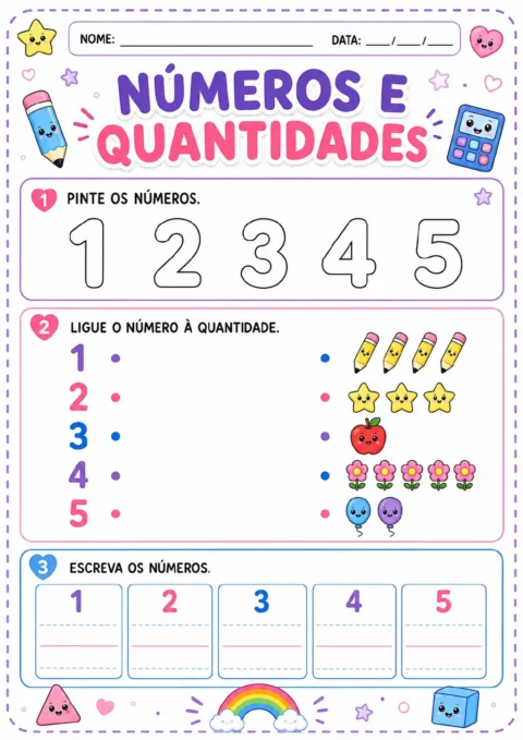 Numerais de 1 a 5 em exercícios para pintar, ligar aos conjuntos de lápis, estrelas, uma maçã.