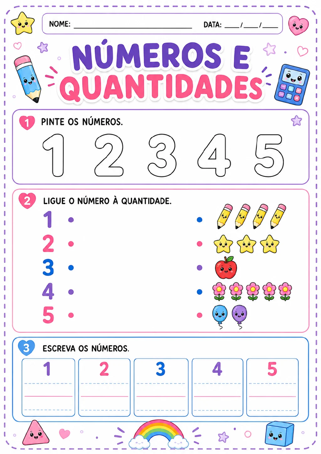 Numerais de 1 a 5 em exercícios para pintar, ligar aos conjuntos de lápis, estrelas, uma maçã.