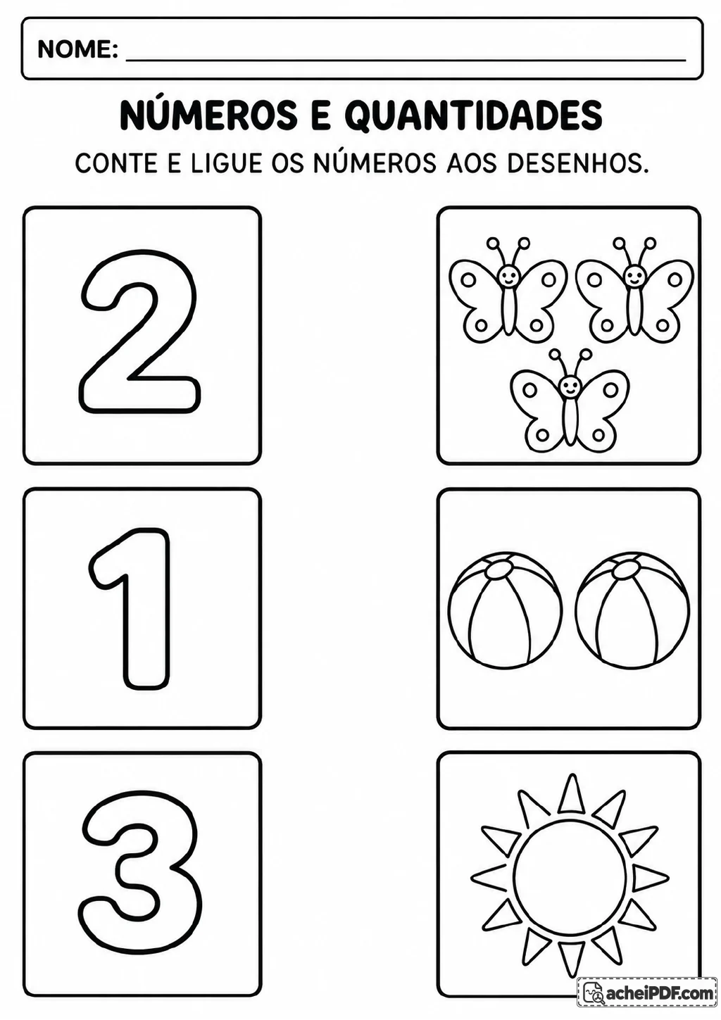 Duas colunas de quadros: de um lado, os numerais 1, 2 e 3; do outro, 1 sol, 2 bolas e 3 borboletas.