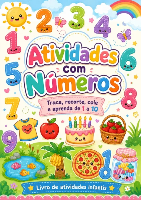 Capa colorida do livro Atividades com Números, com numerais de 1 a 10 em contorno e ilustrações de bolo, frutas, peixes, pizza e doces.