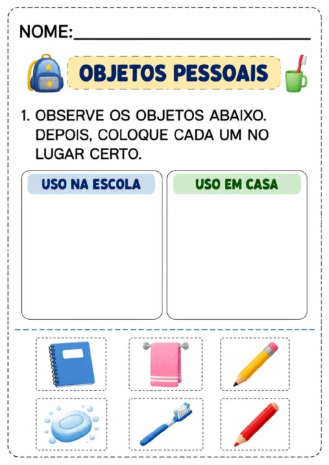Dois quadros identificados como “Uso na escola” e “Uso em casa” aparecem acima de cartões com caderno, toalha, lápis.