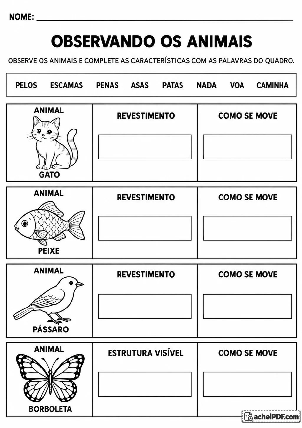 Tabela ilustrada com gato, peixe, pássaro e borboleta para completar revestimento e modo de locomoção.