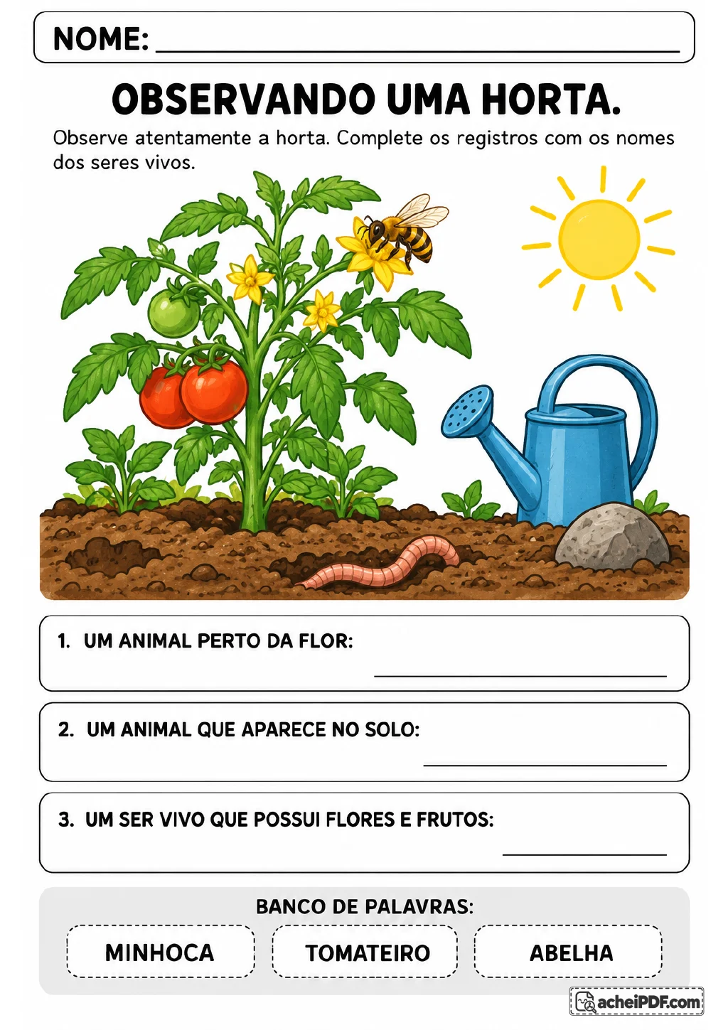 Horta com tomateiro e tomates, abelha perto de uma flor, minhoca no solo, regador e sol.