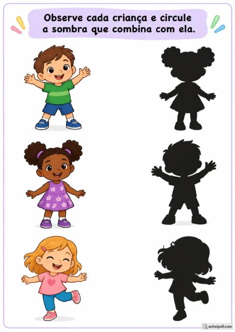 Três crianças ilustradas em poses diferentes ao lado de três silhuetas pretas para circular as correspondências.