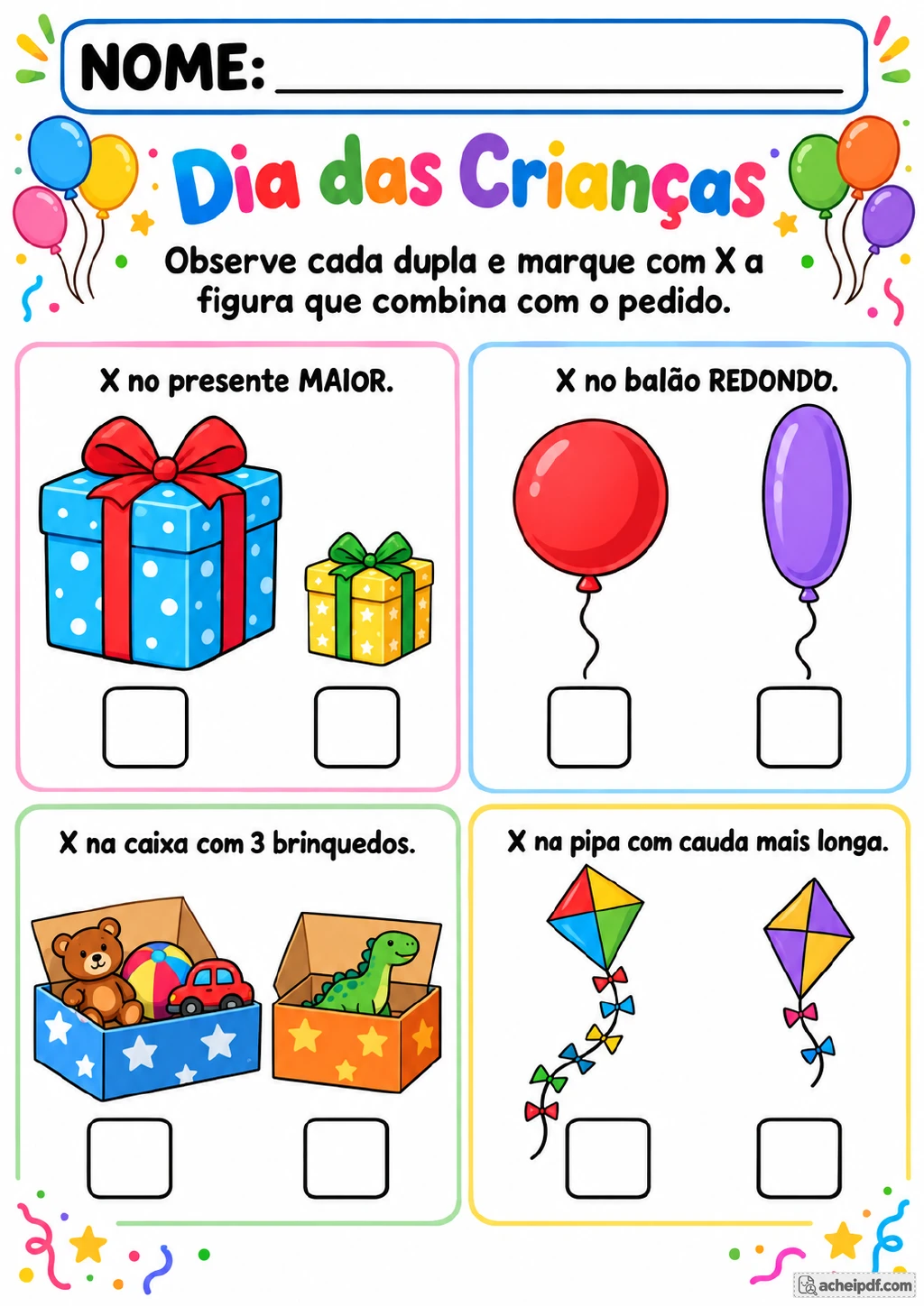 Quatro comparações com presentes, balões, caixas de brinquedos e pipas, com quadrinhos para marcar as imagens pedidas.