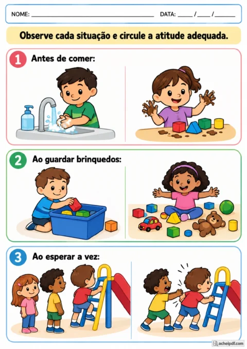 Três situações numeradas com duas cenas cada: lavar ou não lavar as mãos antes de comer.