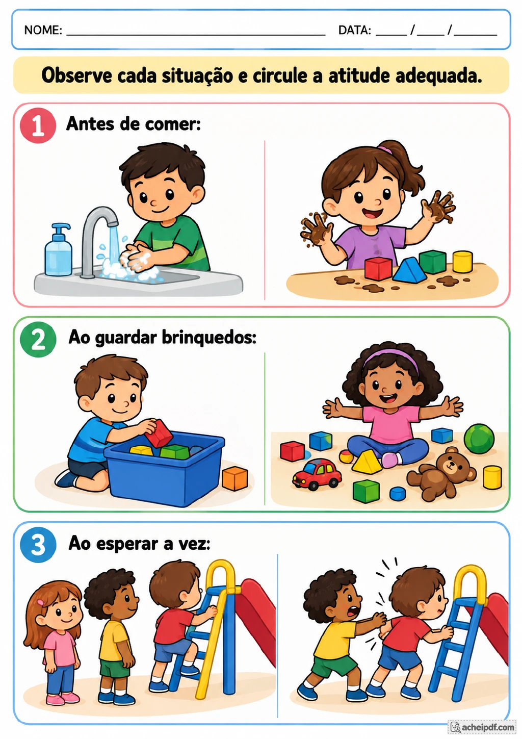 Três situações numeradas com duas cenas cada: lavar ou não lavar as mãos antes de comer.