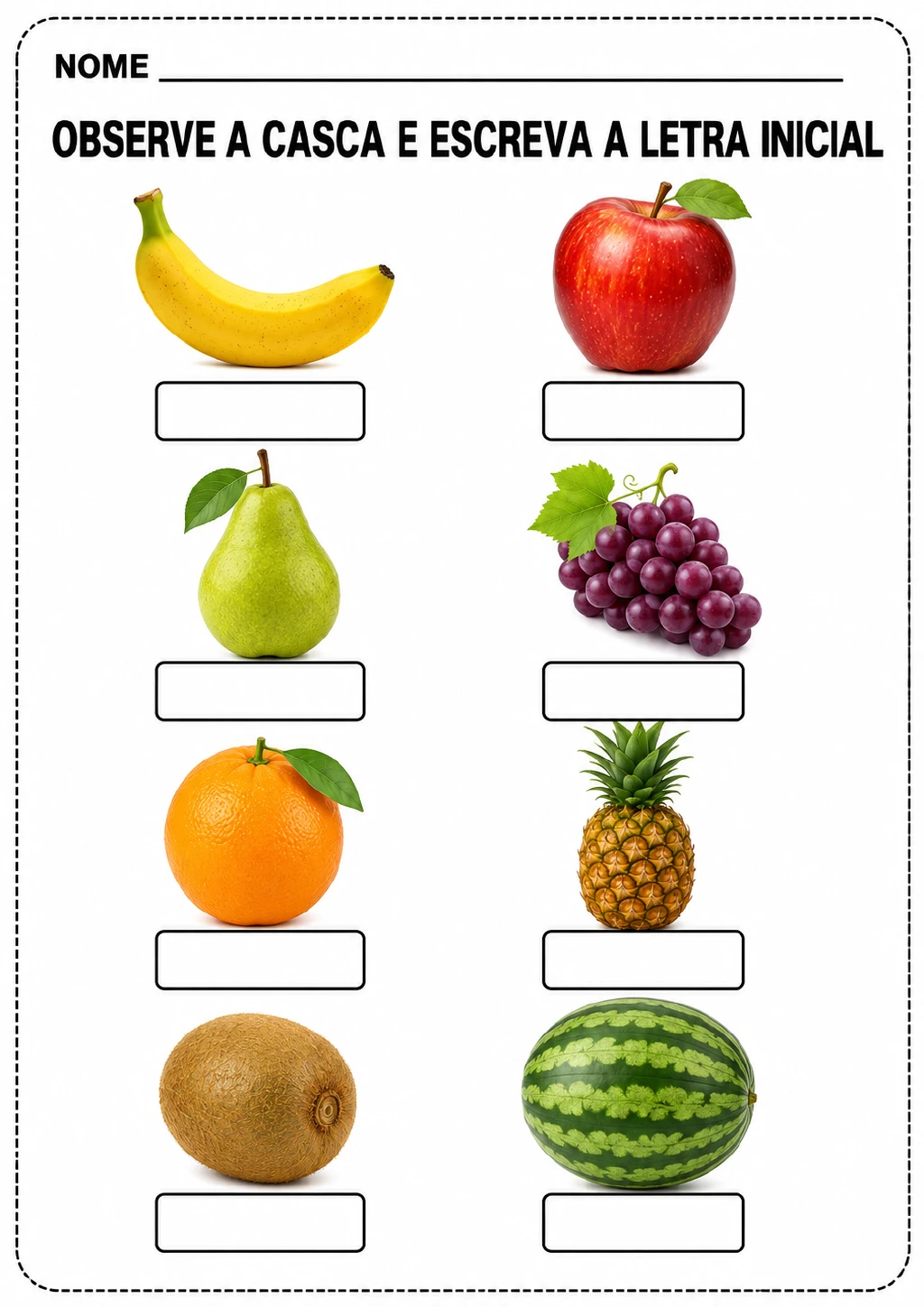 Duas colunas com imagens de banana, maçã, pera, uva, laranja, abacaxi, kiwi e melancia.