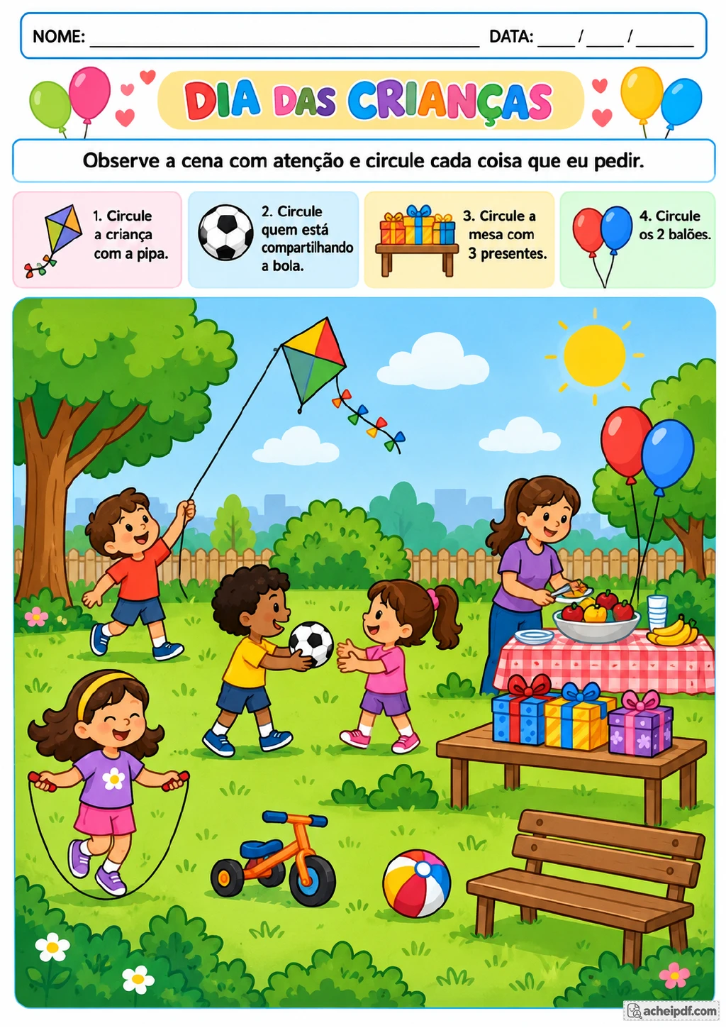 Cena de parque com crianças, pipa, bola, balões e mesa com presentes, acompanhada de cartões que orientam o que circular.