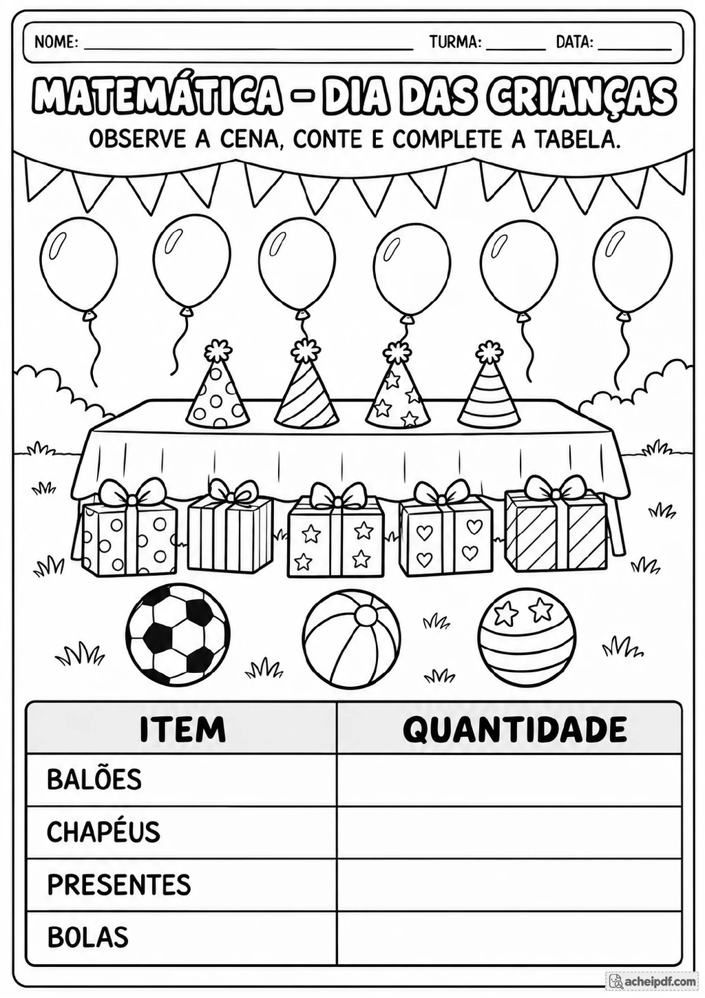 Cena em preto e branco de festa infantil com balões, chapéus, presentes, bolas e bandeirinhas.