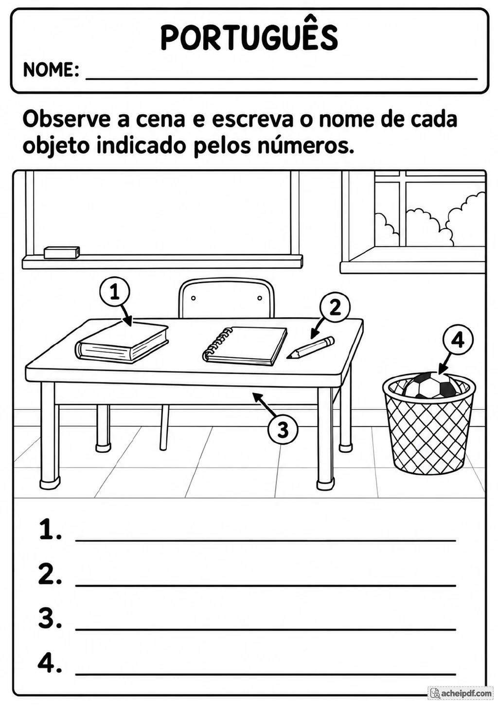 Desenho em preto e branco de uma sala de aula com setas numeradas apontando para livro, lápis, mesa e bola em uma cesta.