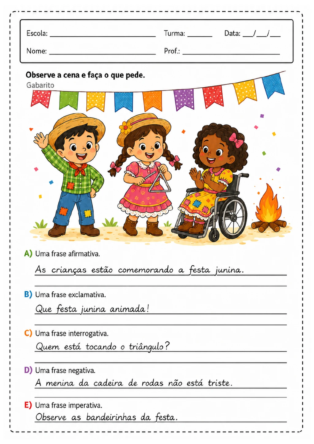 Cena colorida de festa junina com crianças, bandeirinhas e fogueira, acompanhada de cinco respostas manuscritas para tipos.