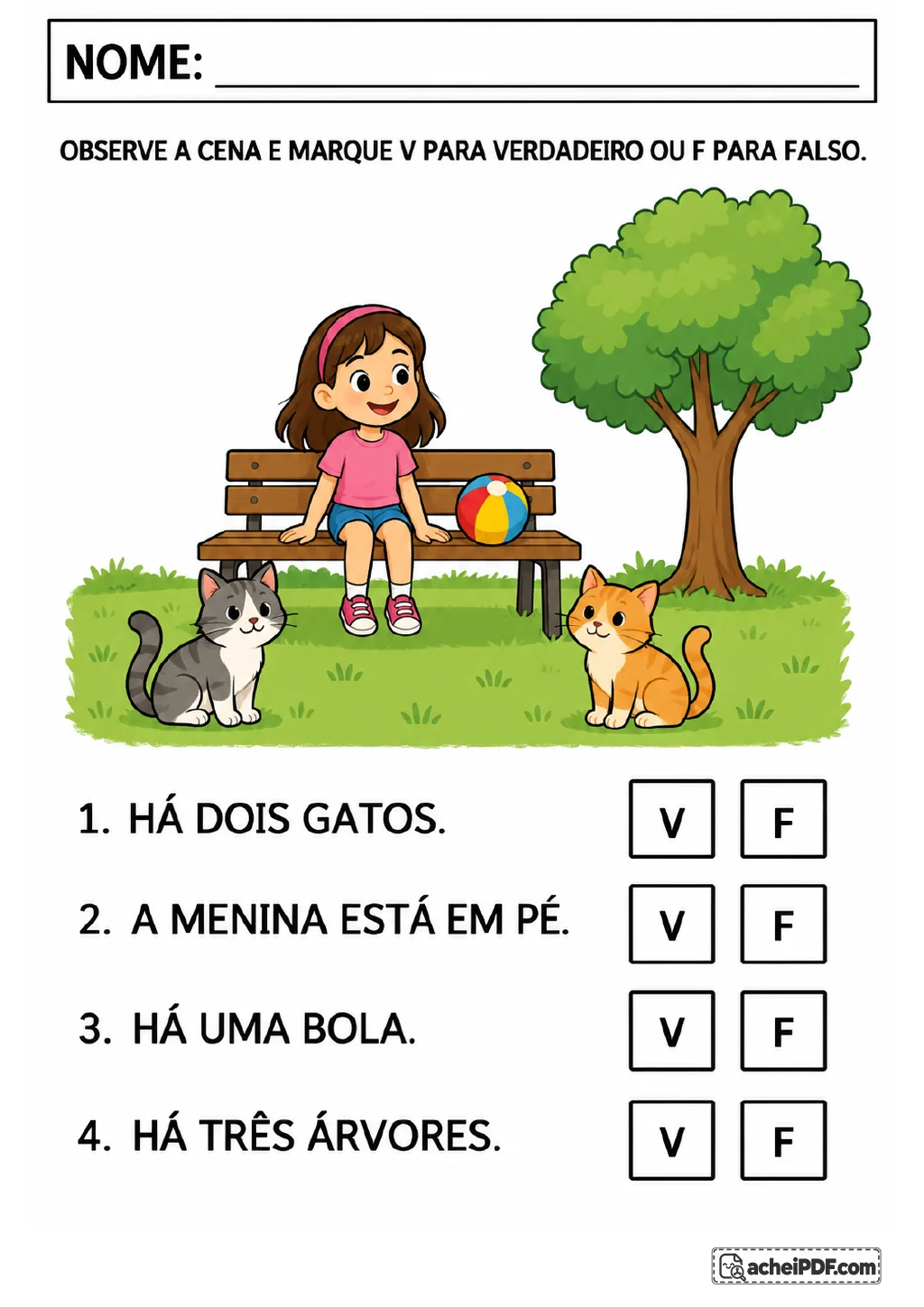 Cena de parque com menina sentada em um banco, dois gatos, uma bola e uma árvore.
