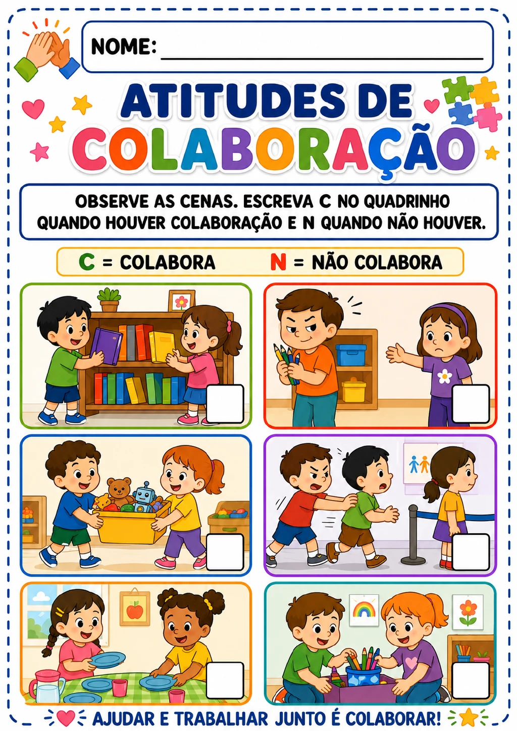 Seis cenas infantis com quadrinhos vazios e legenda “C = colabora” e “N = não colabora”; aparecem livros, lápis de cor.