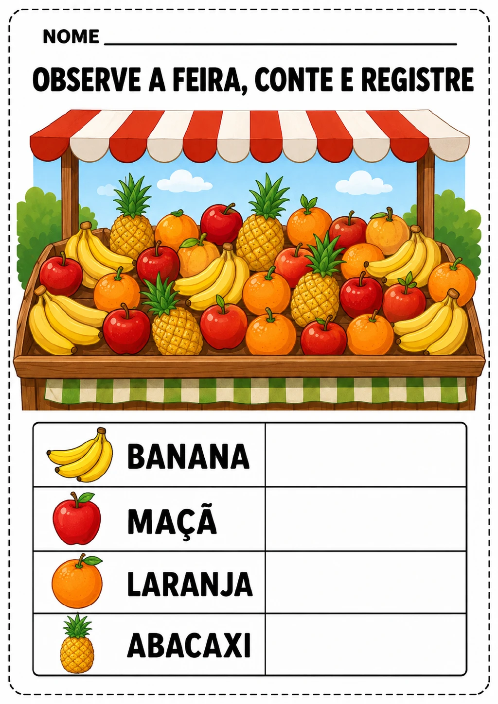 Banca de feira com bananas, maçãs, laranjas e abacaxis, acompanhada de uma tabela.