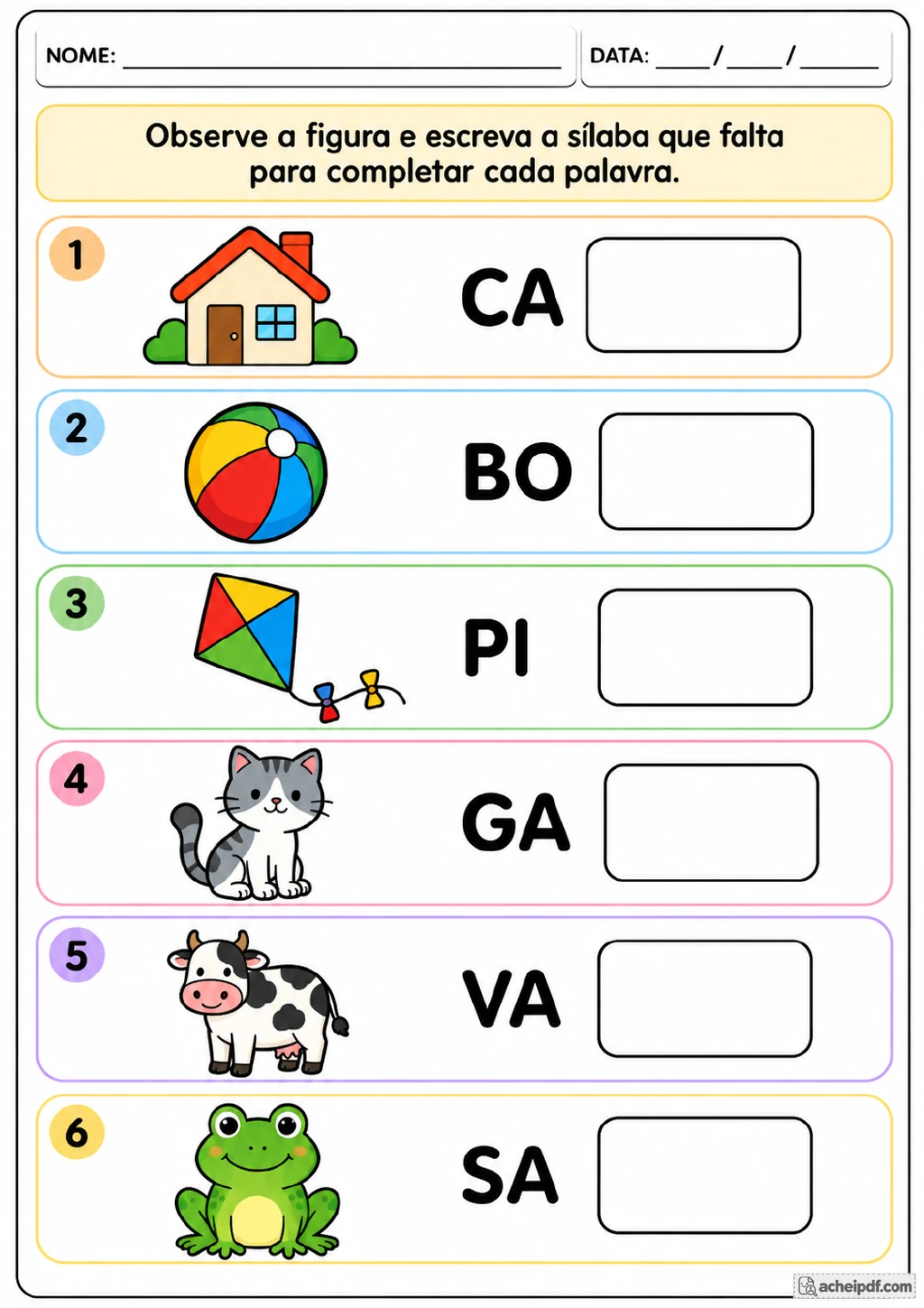 Seis itens numerados com figuras de casa, bola, pipa, gato, vaca e sapo, sílabas iniciais.