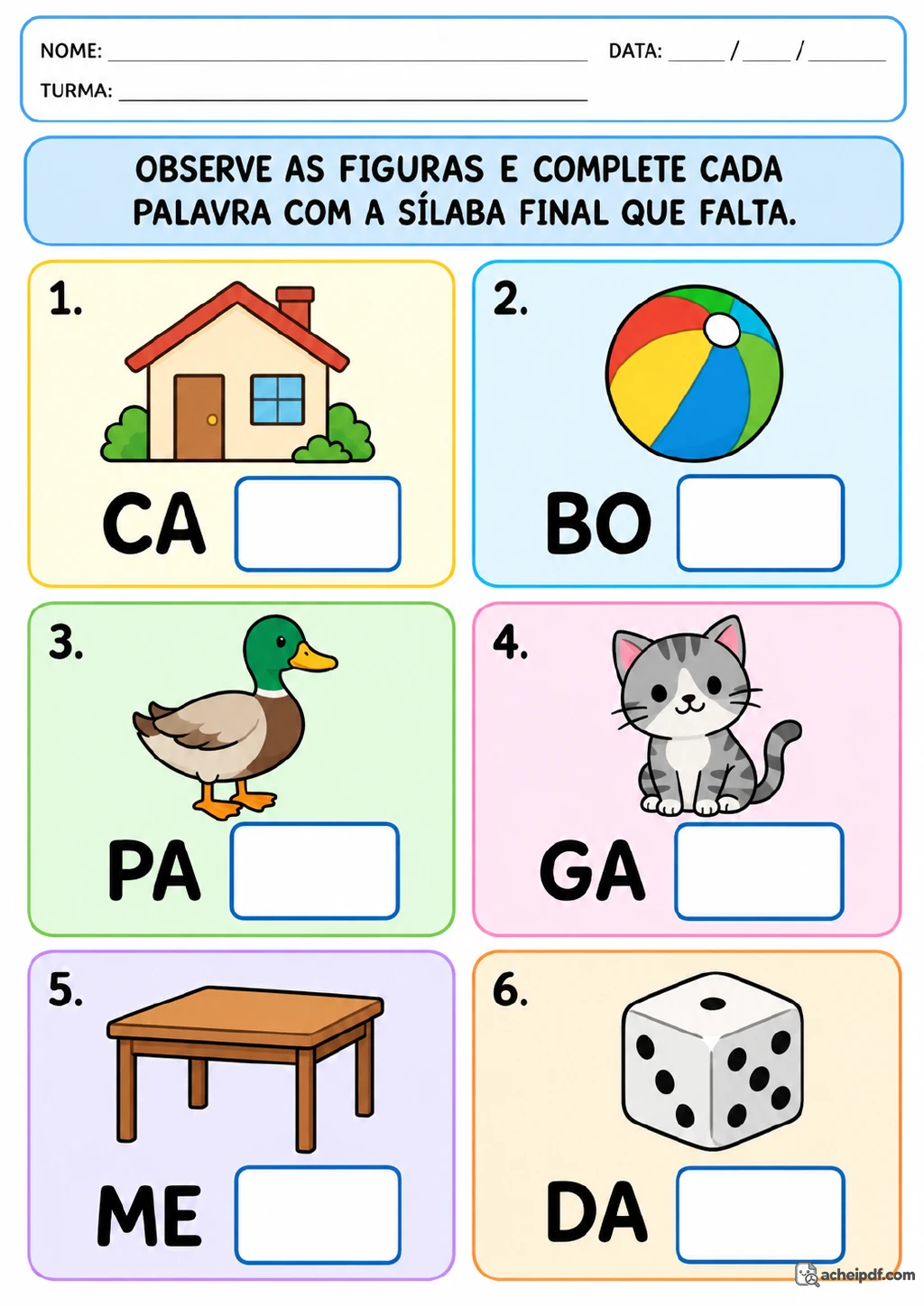 Seis cartões coloridos e numerados com desenhos de casa, bola, pato, gato, mesa e dado.