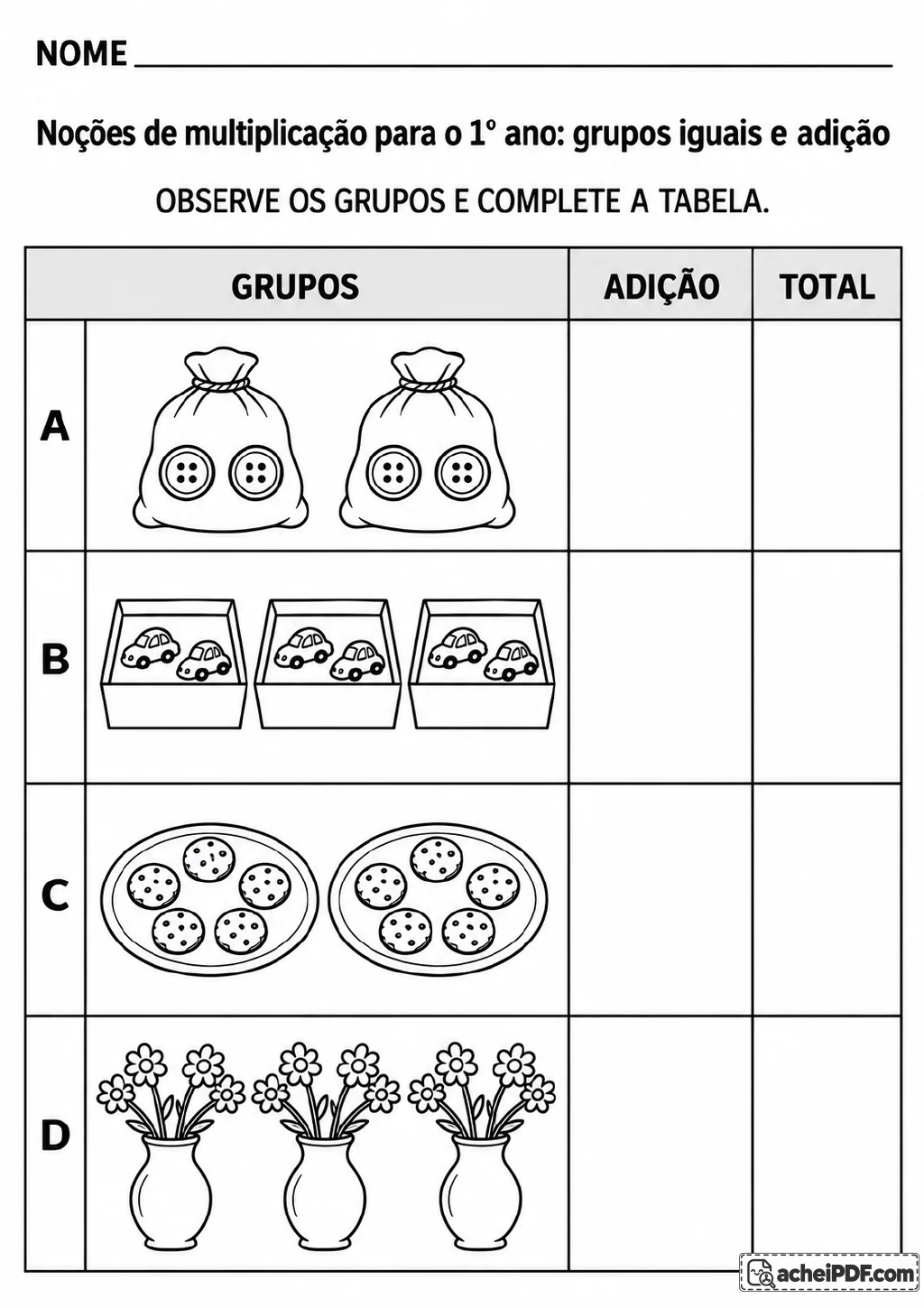 Tabela em preto e branco com as colunas Grupos, Adição e Total e quatro linhas identificadas por A, B, C e D.
