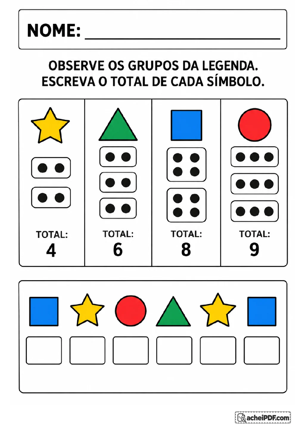 Legenda com estrela amarela associada a 4, triângulo verde a 6, quadrado azul a 8 e círculo vermelho a 9.