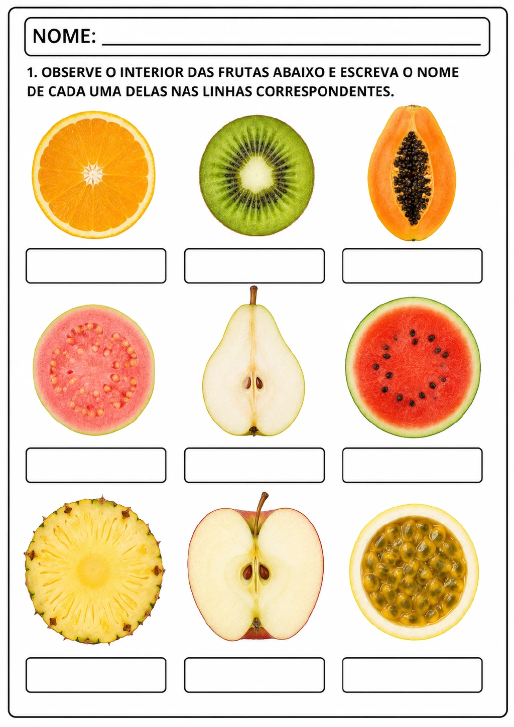 Grade de três linhas e três colunas com frutas cortadas: laranja, kiwi, mamão, goiaba, pera, melancia, abacaxi.
