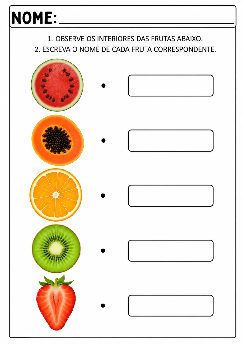 Cortes de melancia, mamão, laranja, kiwi e morango dispostos em coluna, cada um com uma caixa em branco ao lado.