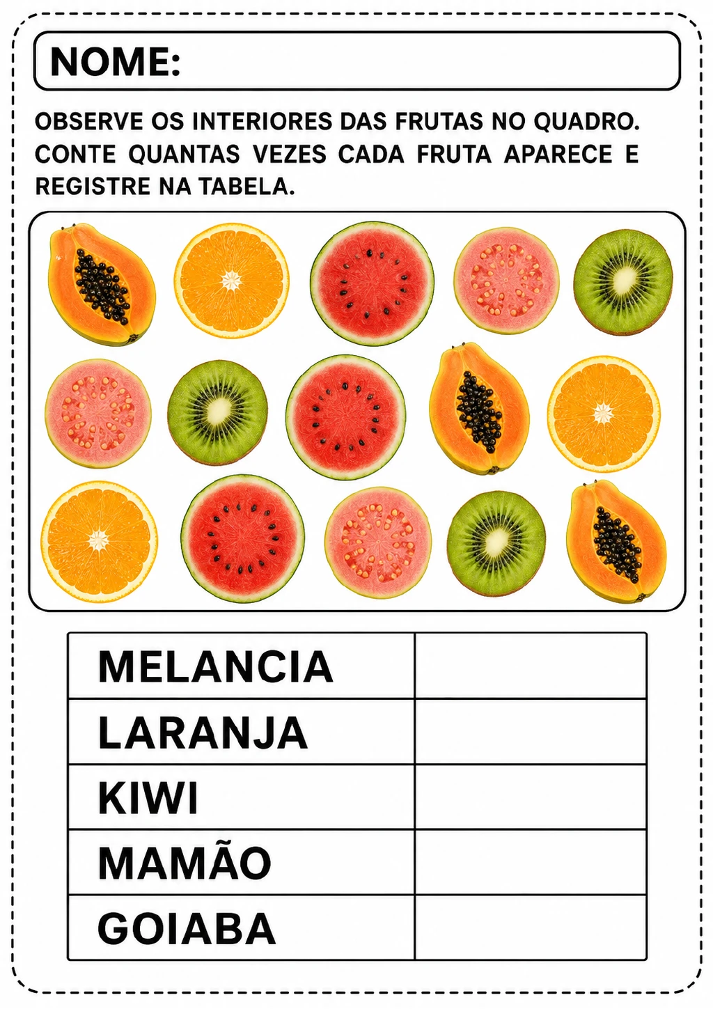 Quadro com 15 imagens de melancia, laranja, kiwi, mamão e goiaba vistas por dentro.
