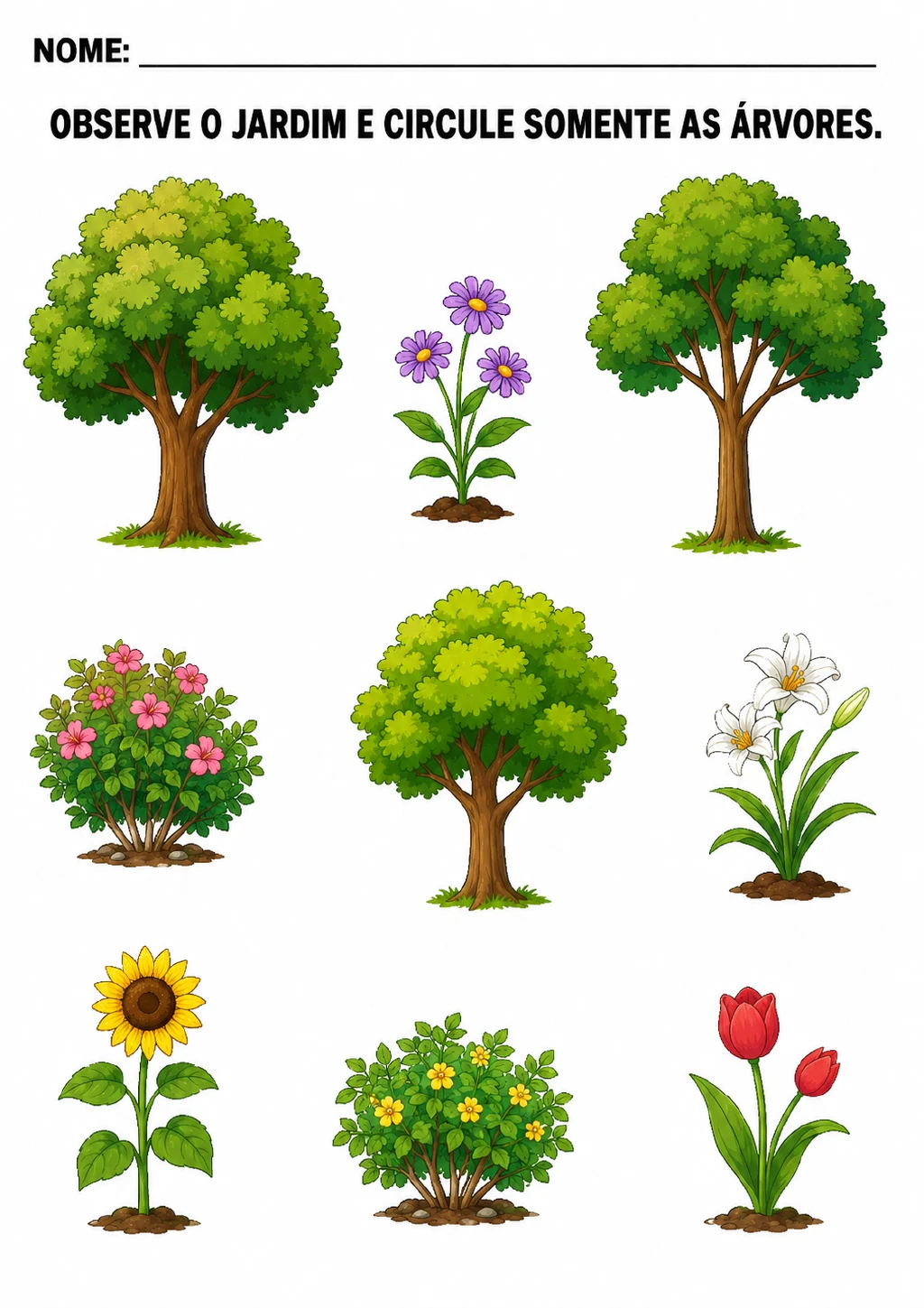 Jardim com nove plantas, incluindo três árvores, arbustos, girassol, lírios, tulipas e flores roxas, rosas, brancas.