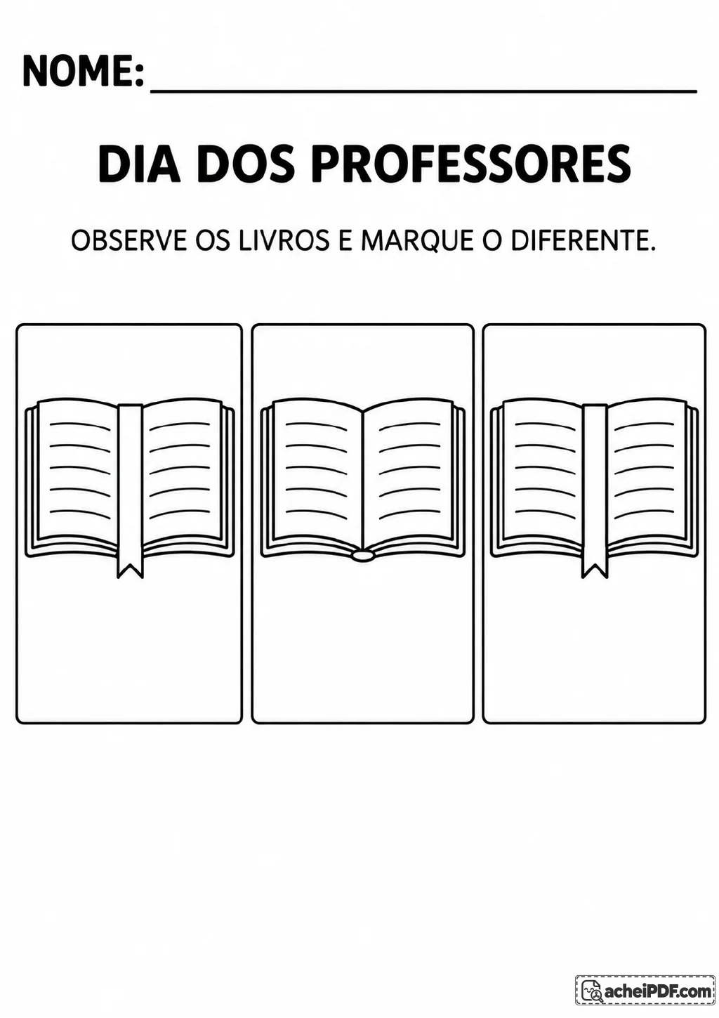 Três livros abertos em quadros alinhados; os dois livros das extremidades têm marcadores de página e o central não.
