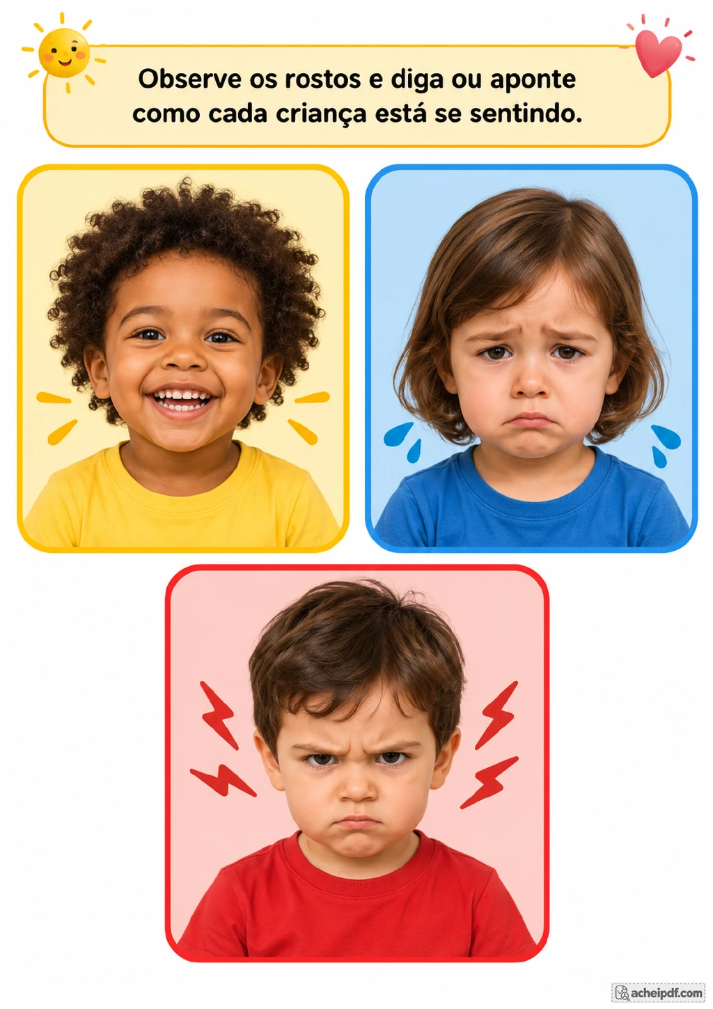 Três retratos infantis em molduras coloridas: criança sorridente em amarelo, criança triste em azul e criança.