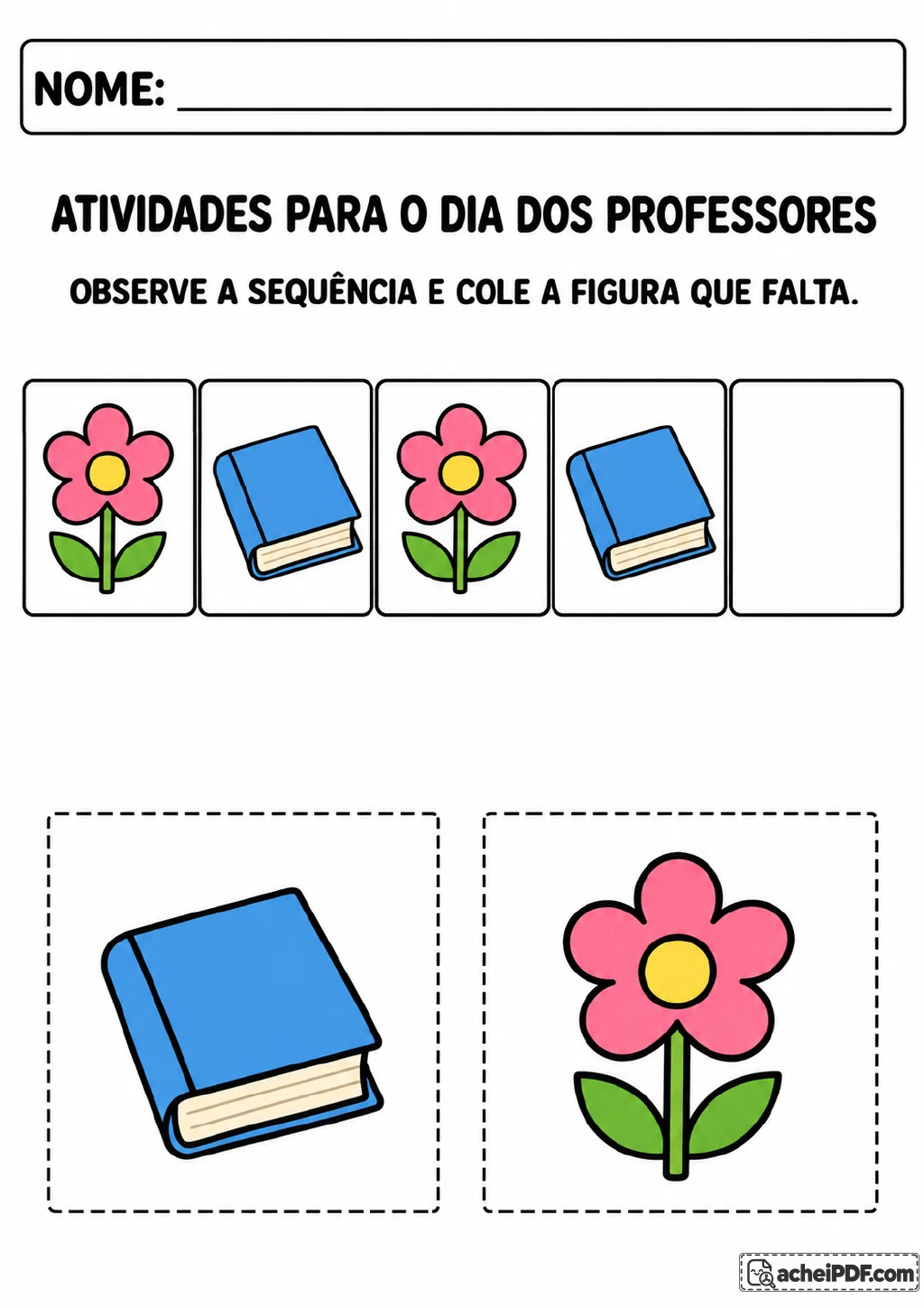 Sequência de cinco quadros com flor, livro, flor e livro, seguida de espaço vazio.