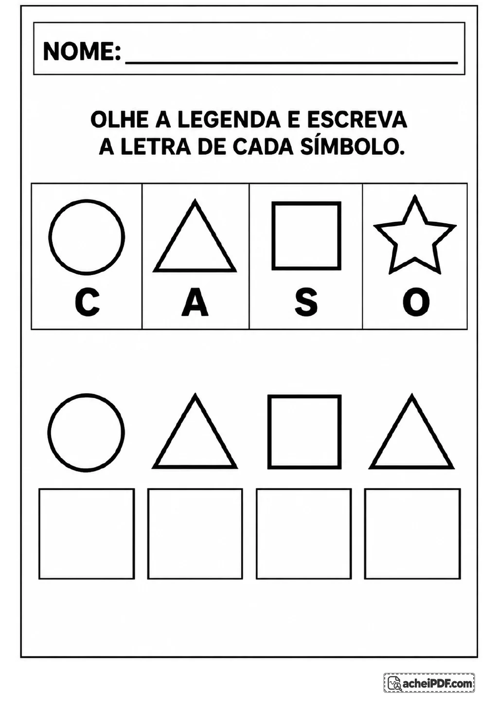 Legenda com círculo, triângulo, quadrado e estrela associados às letras C, A, S e O, seguida de quatro campos de resposta.