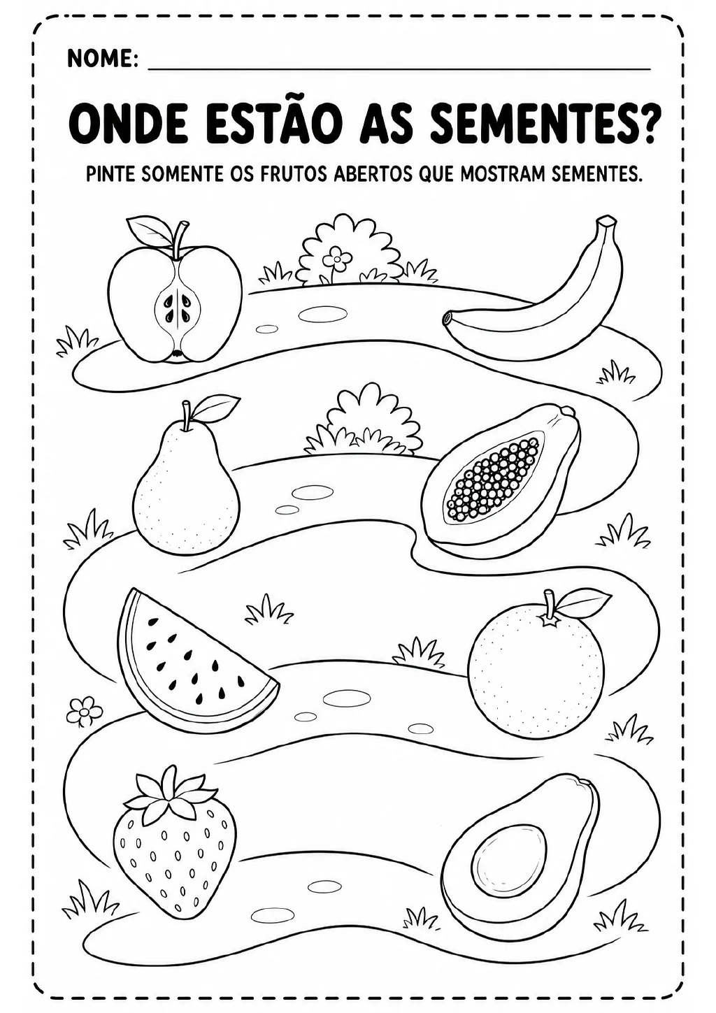 Caminho sinuoso em preto e branco com maçã, banana, pera, mamão, melancia, laranja, morango e abacate; maçã, mamão.