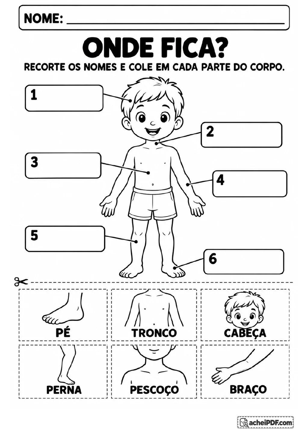 Ilustração de um menino com linhas numeradas apontando para cabeça, pescoço, tronco, braço, perna e pé.