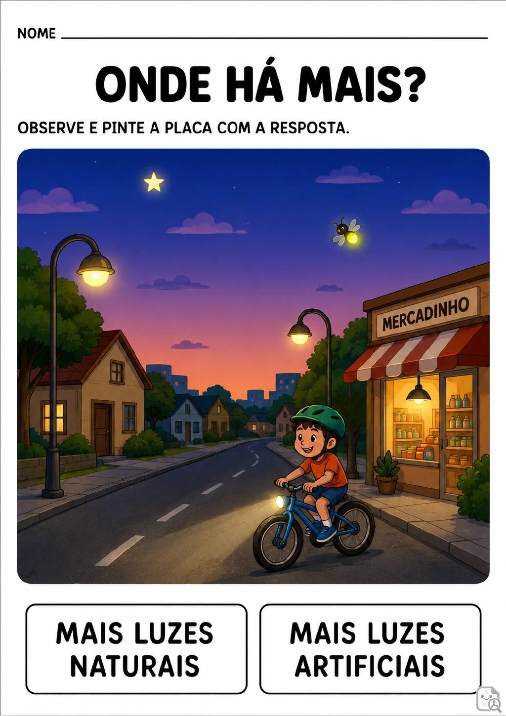 Rua noturna com casas, mercadinho, criança em bicicleta, estrela, vaga-lume e luminárias acesas.
