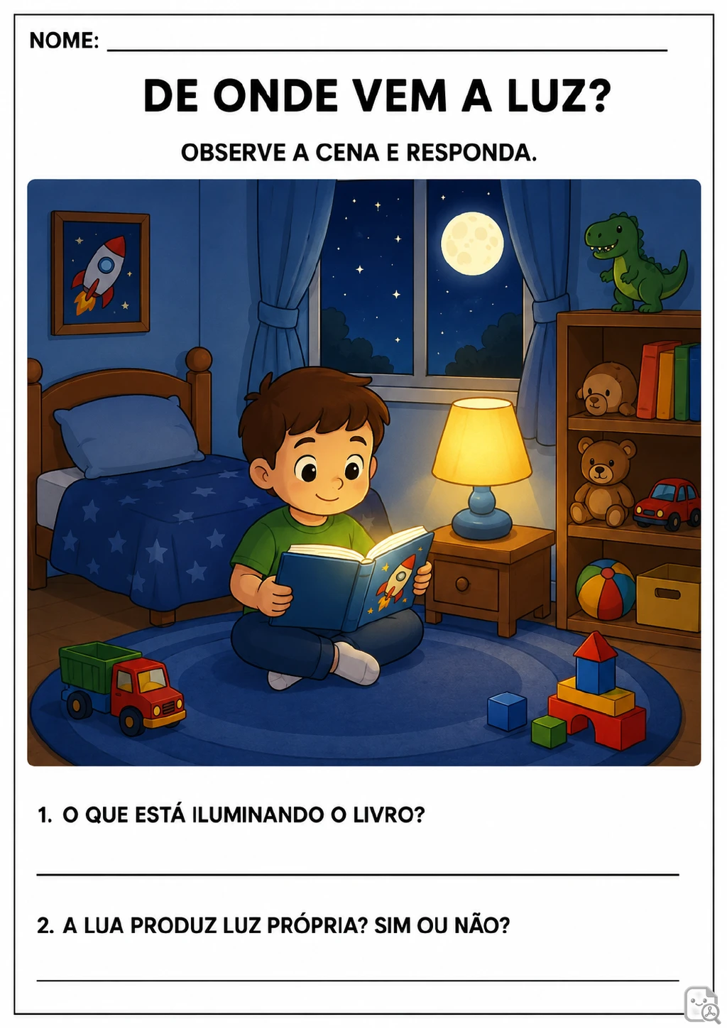 Em um quarto à noite, uma criança lê um livro iluminado por um abajur; a Lua aparece na janela.