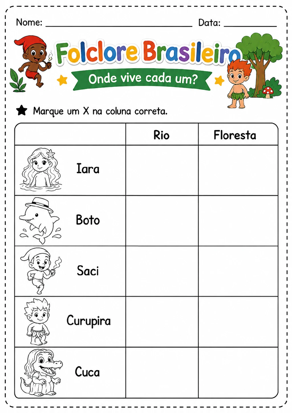 Tabela com Iara, Boto, Saci, Curupira e Cuca e as colunas Rio e Floresta para marcar um X.