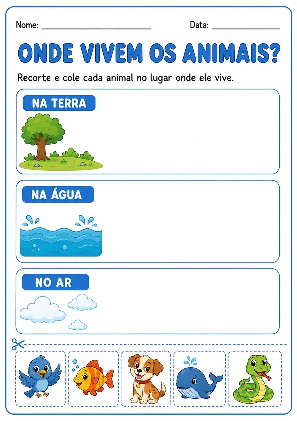Três espaços identificados como “Na terra”, “Na água” e “No ar”, acompanhados de cartões recortáveis de pássaro, peixe.
