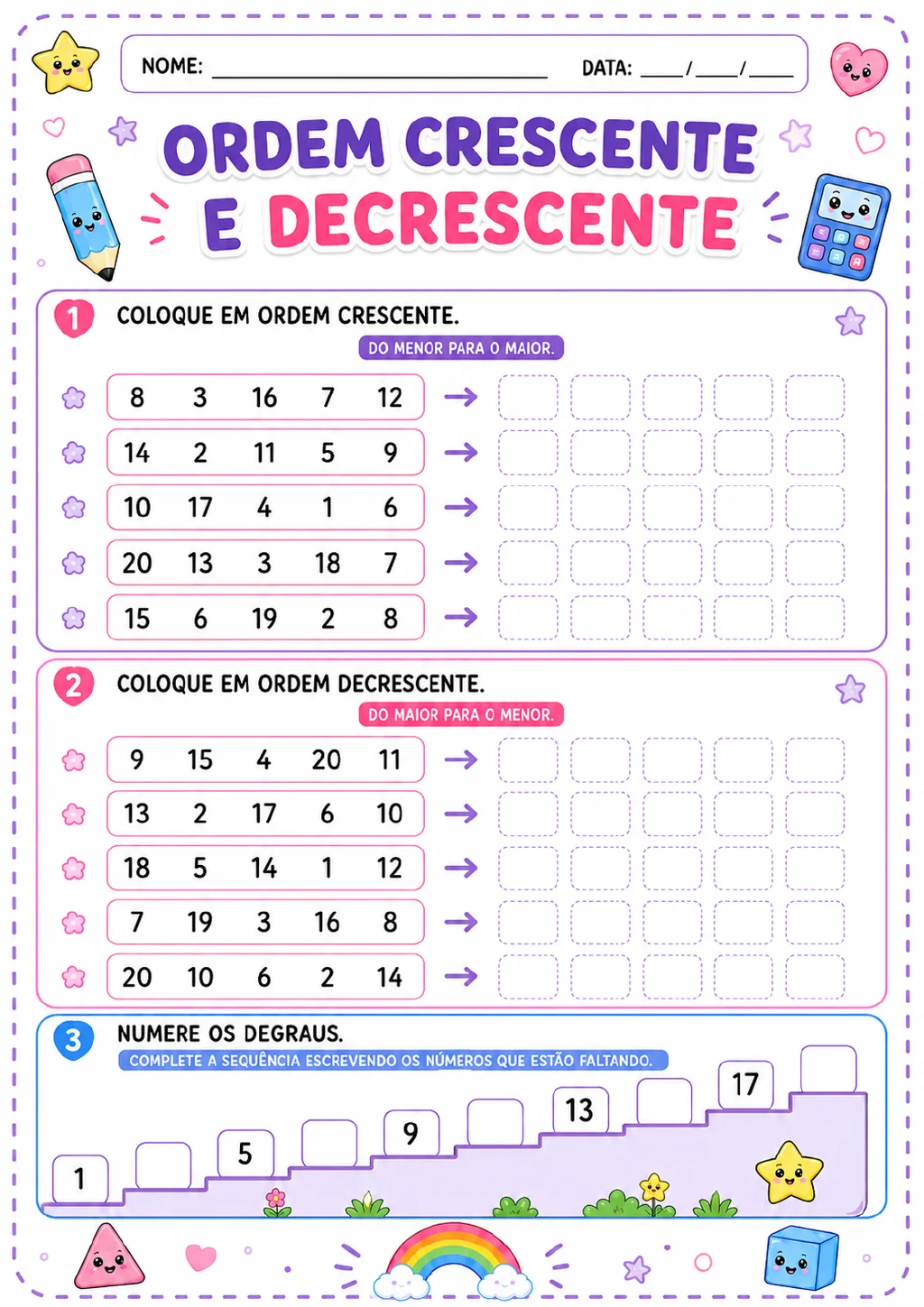 Grupos de números até 20 para ordenar em ordem crescente e decrescente e uma escada numérica com 1, 5, 9, 13 e 17.