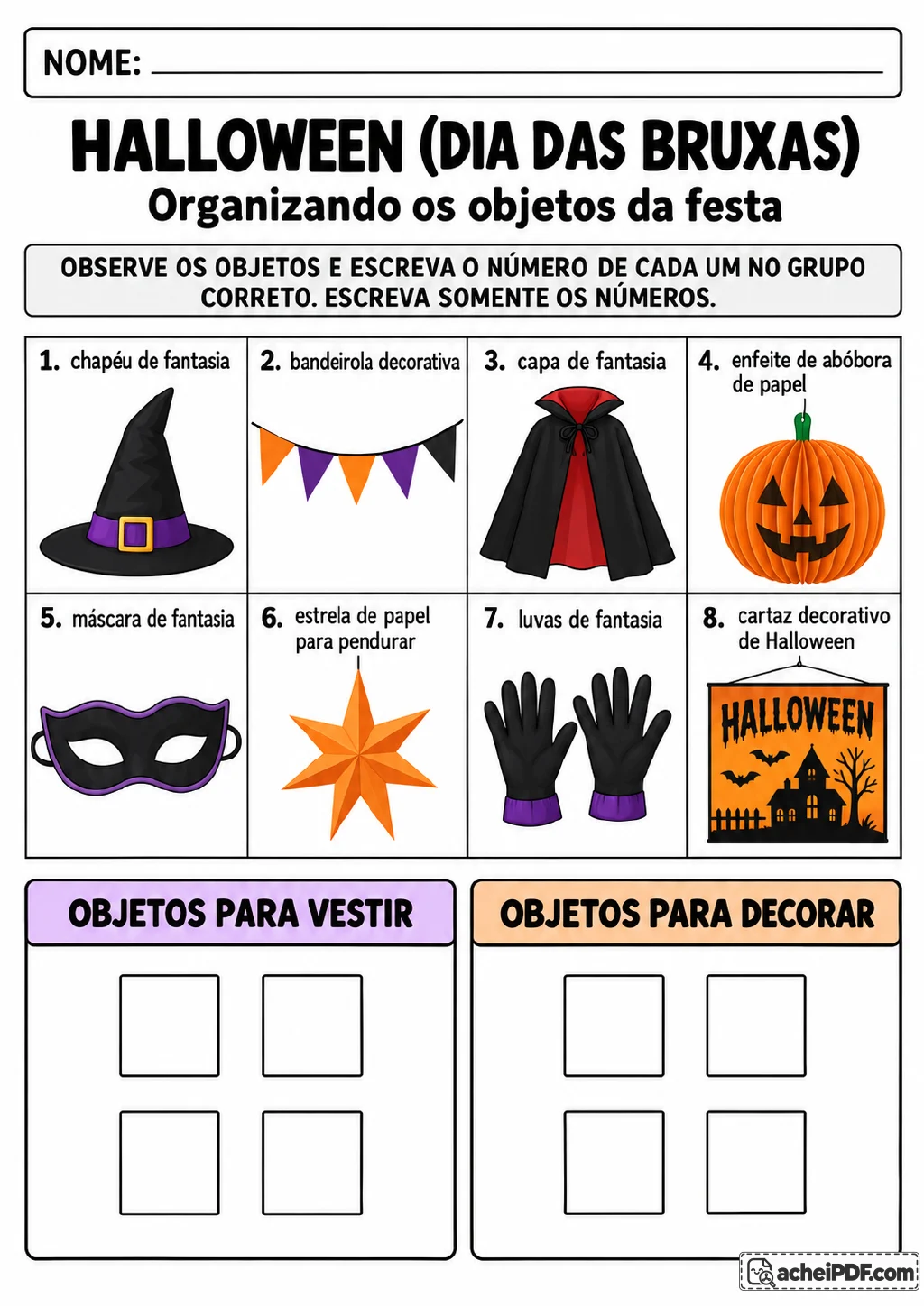 Oito objetos de Halloween numerados, incluindo chapéu de bruxa, bandeirola, capa, abóbora de papel, máscara.