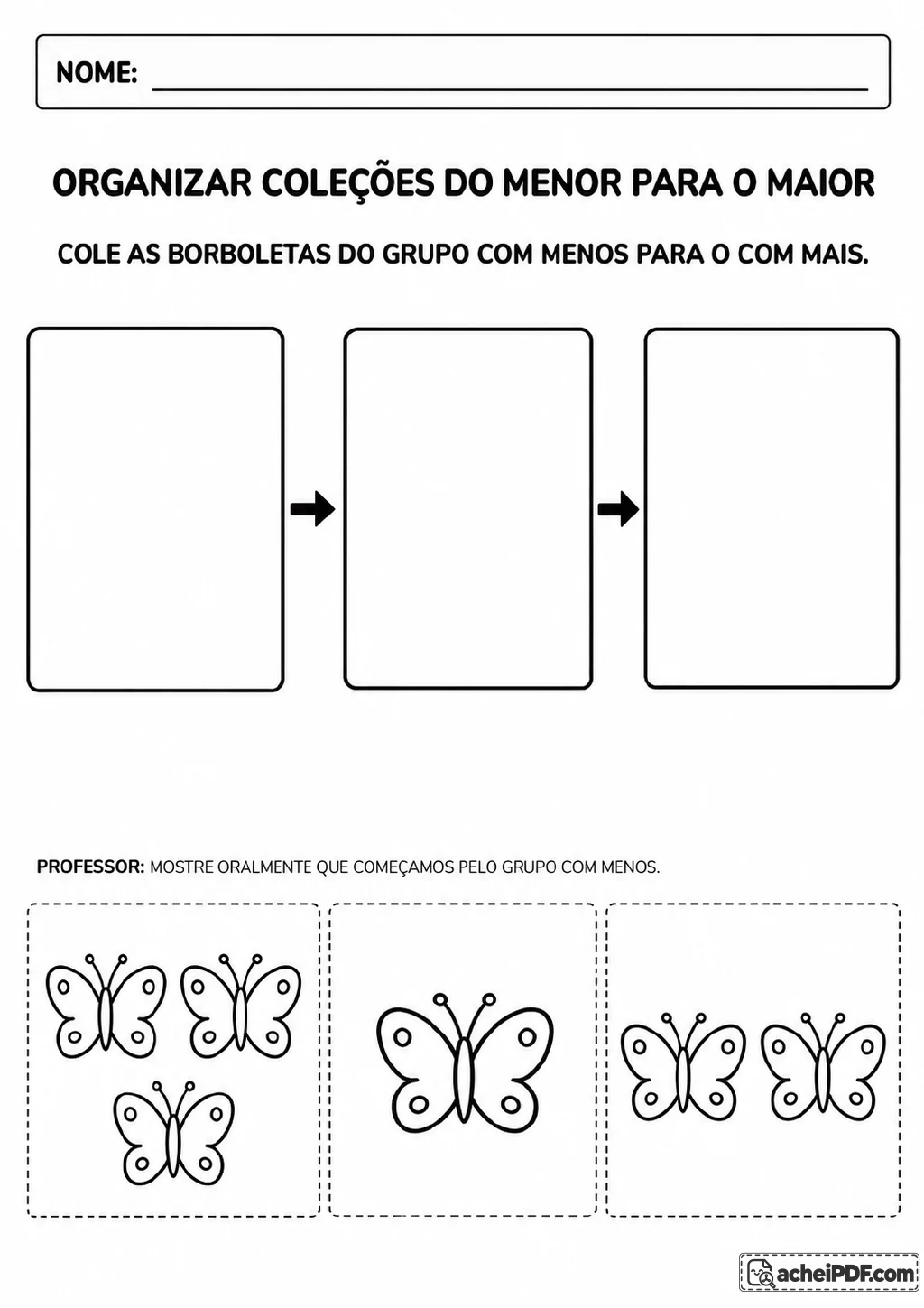 Três quadros de colagem ligados por setas e grupos tracejados com três, uma e duas borboletas.
