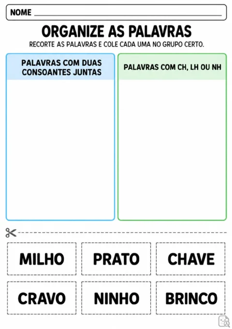 Dois campos de classificação para palavras com duas consoantes juntas e com CH, LH ou NH.