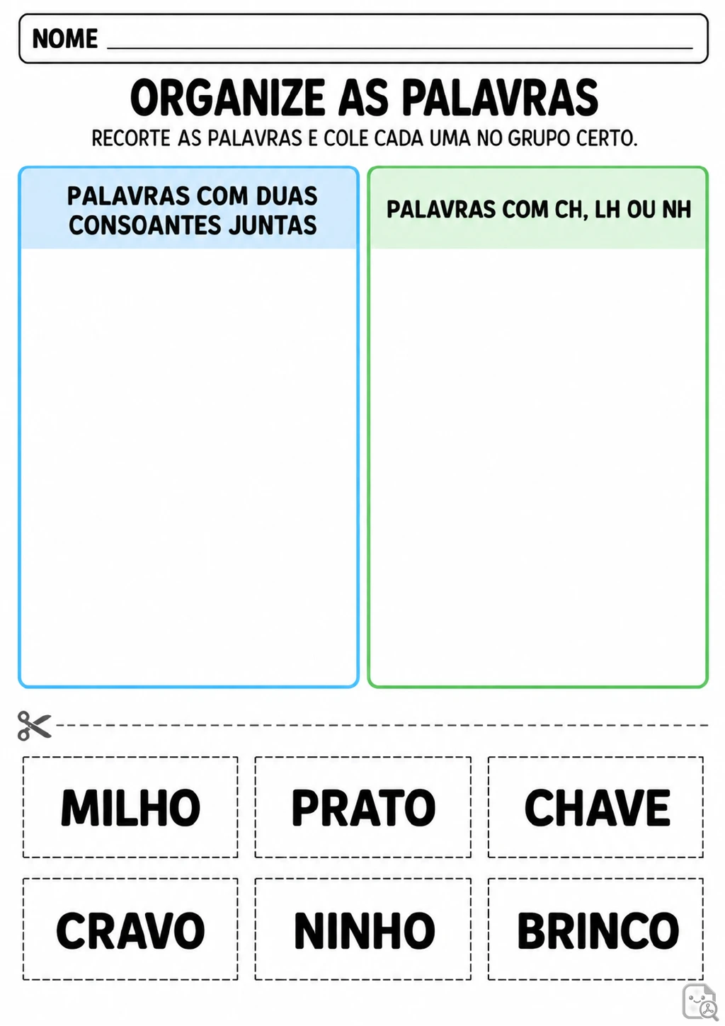 Dois campos de classificação para palavras com duas consoantes juntas e com CH, LH ou NH.
