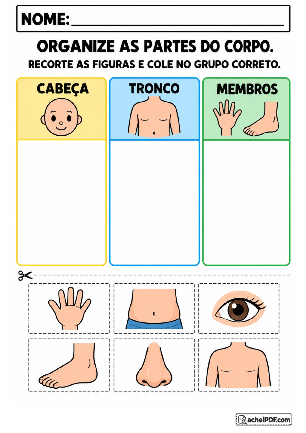 Três colunas coloridas, identificadas como cabeça, tronco e membros, com cartões recortáveis de mão, barriga, olho, pé.