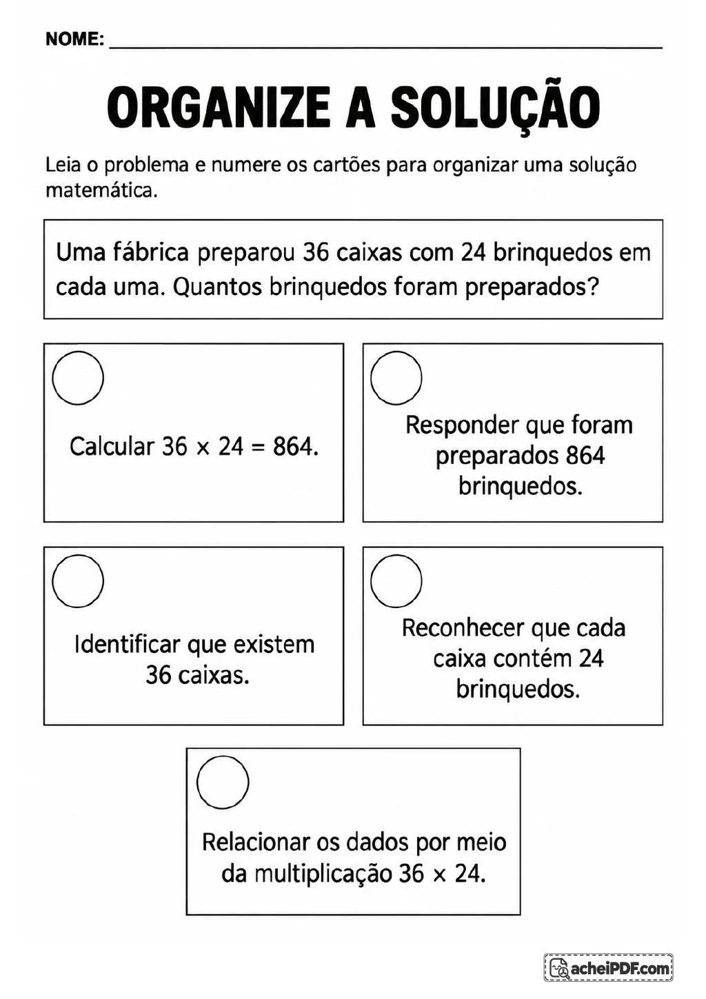 Cinco cartões com círculos para numeração mostram as etapas de um problema sobre 36 caixas com 24 brinquedos cada uma.