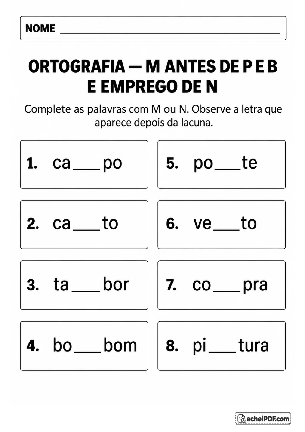 Duas colunas com oito caixas numeradas apresentam palavras com lacunas a serem completadas com M ou N, incluindo ca__po.