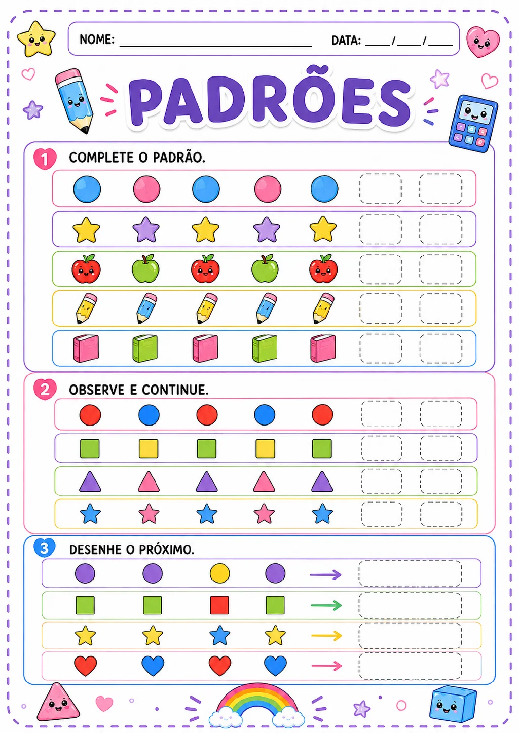 Sequências de bolas, estrelas, maçãs, lápis, blocos, círculos, quadrados, triângulos e corações.