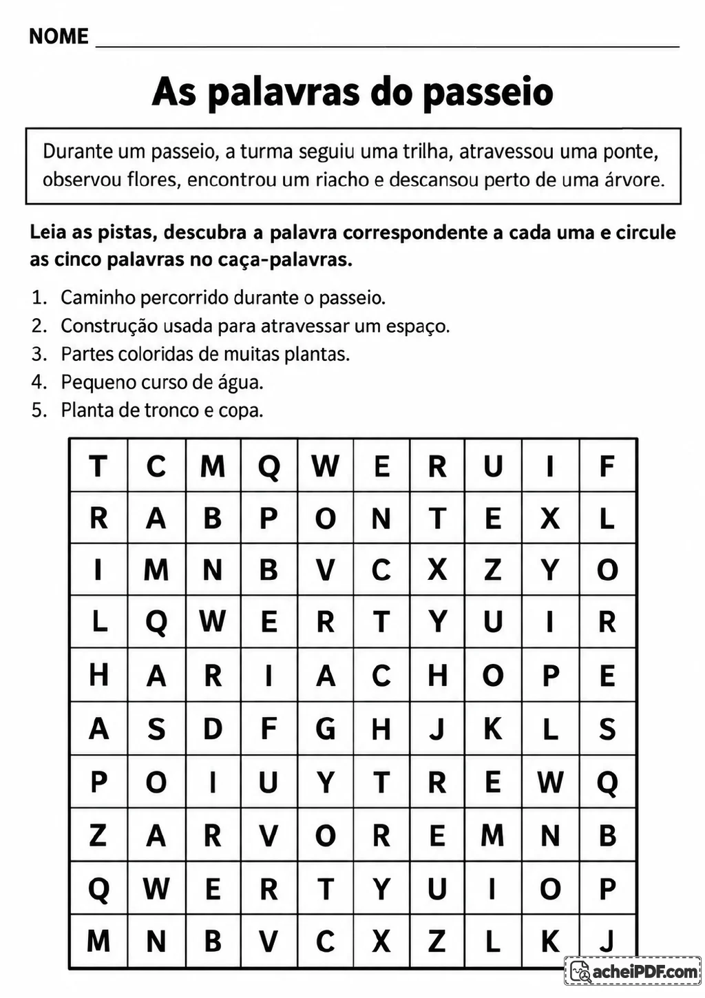 Caça-palavras em grade de 10 por 10 com pistas sobre trilha, ponte, flores, riacho e árvore.