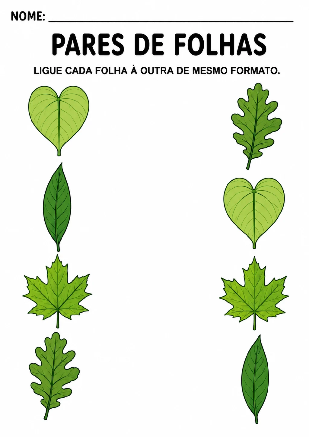 Duas colunas com oito folhas para ligar em quatro pares de mesmo formato, incluindo folhas em coração, lobadas.
