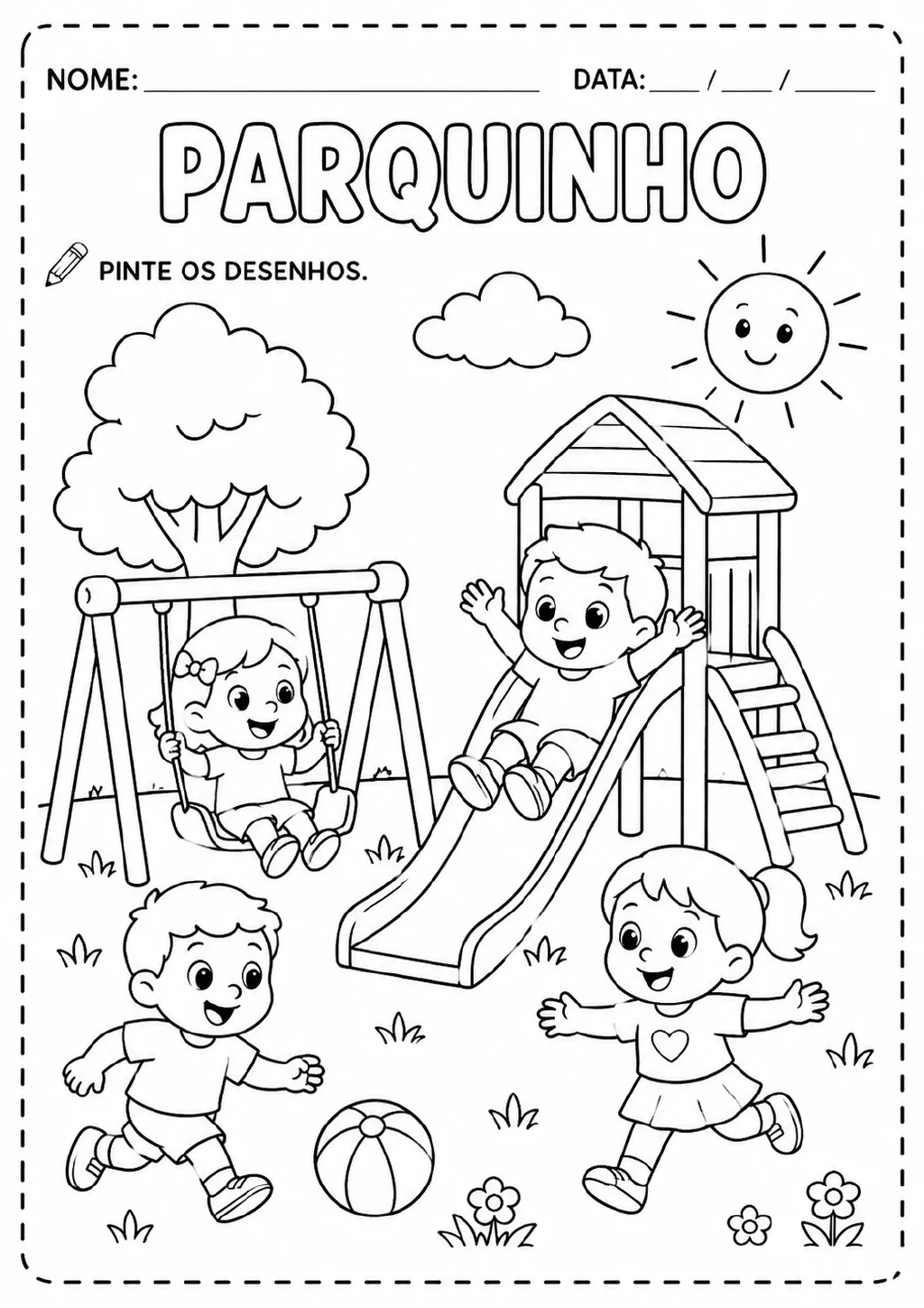 Desenho para colorir de quatro crianças brincando em um parquinho com balanço, escorregador e bola. Uma árvore.