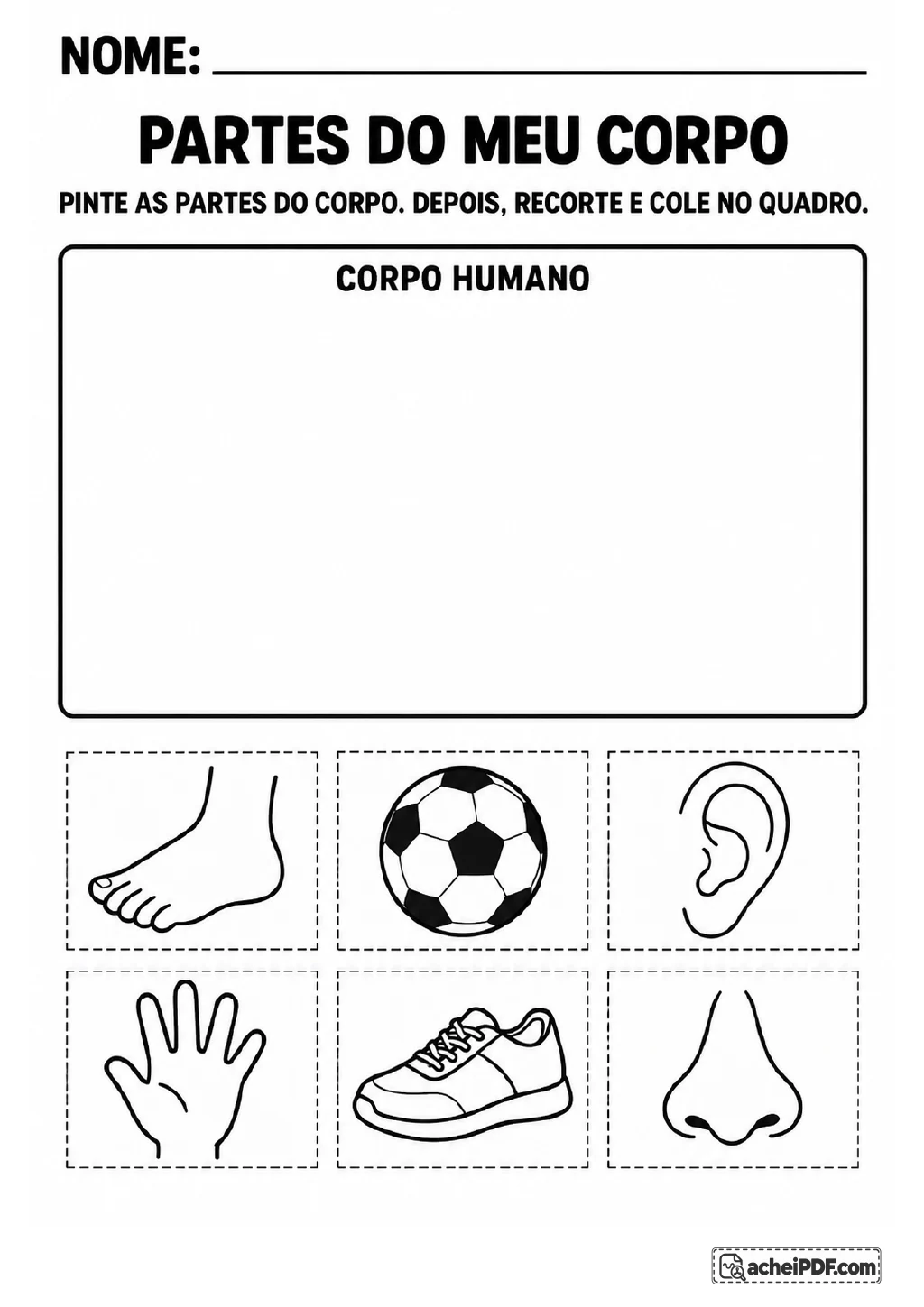 Quadro identificado como “corpo humano” e seis cartões tracejados com pé, orelha, mão, nariz, bola e tênis para pintar.